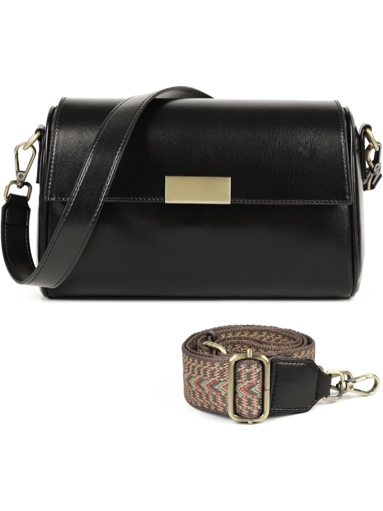 Women's Black Genuine Leather 2 Styles Straps Multiple Pockets Crossbody Bag